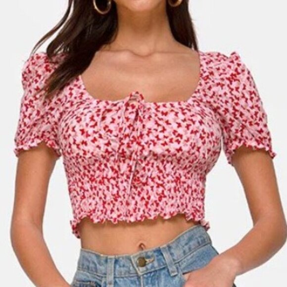 Motel Rocks Tops - Women's  Raquel Crop Top in Ditsy Butterfly Pink Red Puff Sleeve Size M